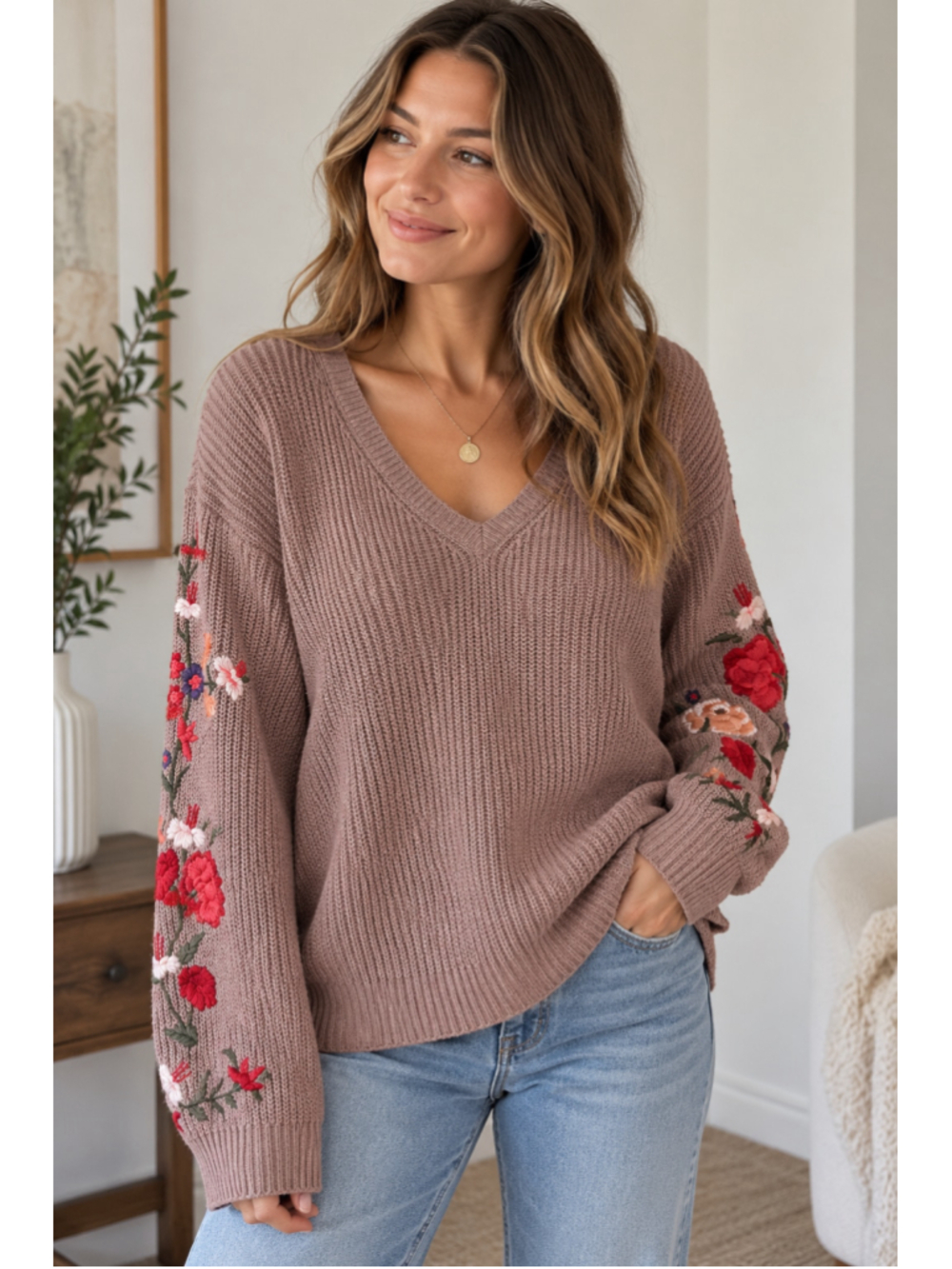 Women's American Eagle Outfitters V-Neck Floral Embroidered Sweater Mauve S